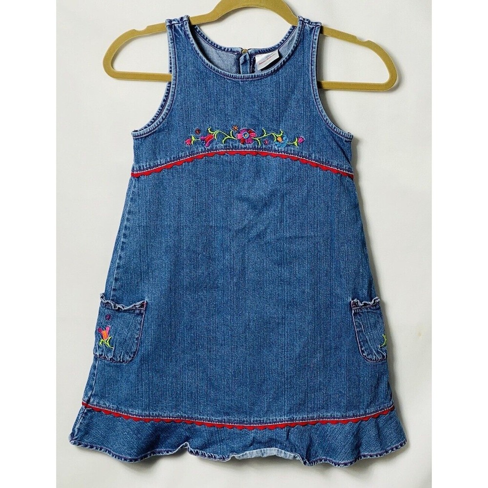 HANNA ANDERSON Girls Size 130 Blue Denim Jean Jumper Dress Embroidered